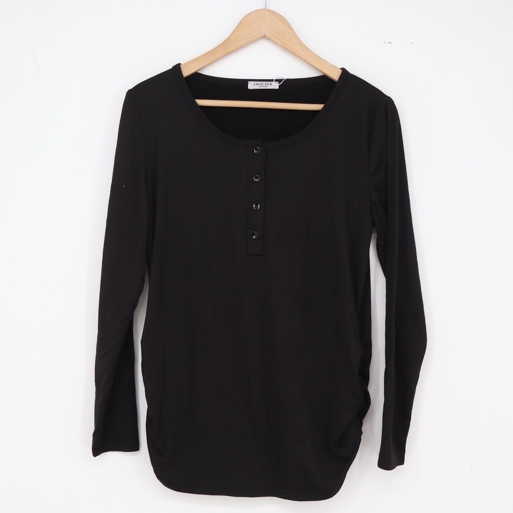 Ekouaer Maternity Top Womens L Henley Long Sleeve Black Ruched Side Excellent